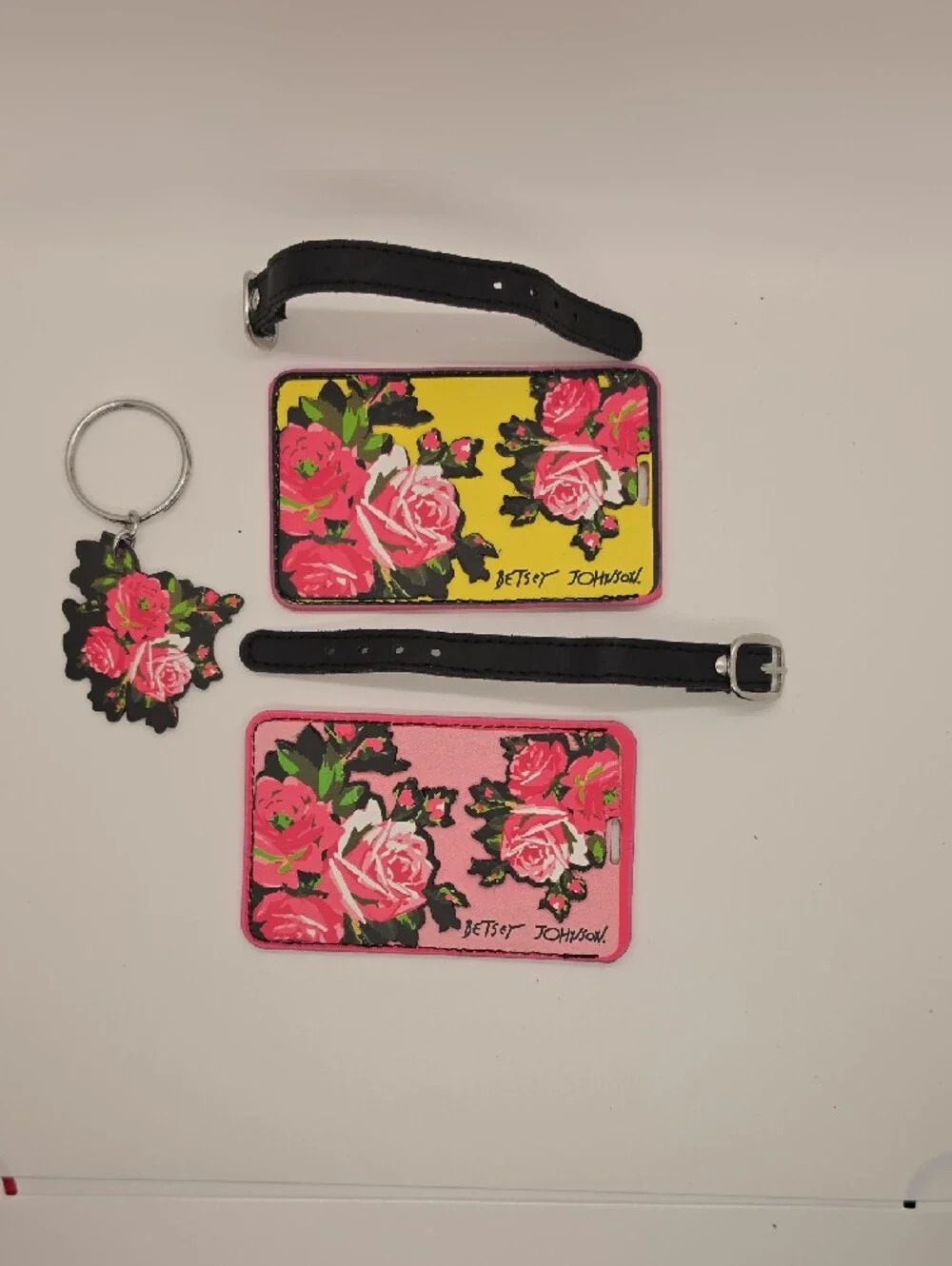 Betsey Johnson Pink & Yellow Floral Luggage Tags with Matching Keychain